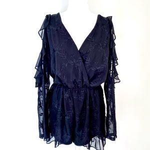 LUXXEL Black Sheer Embroidered Short Jumpsuit